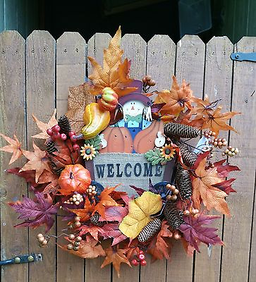 #ad Fall Thanksgiving Wreath Welcome Sign Berries Leaves Pine Cones Scarecrow 22quot; $27.50