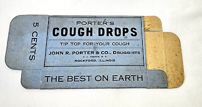 #ad Porters Cough Drops Box John R Porter Druggist Rockford Illinois Antique 5 Cent $7.99