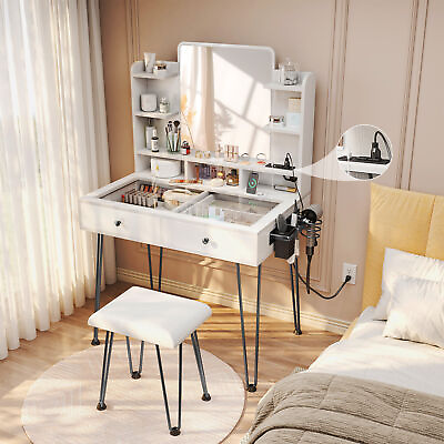 #ad TC HOMENY Makeup Vanity Dressing Table Desk Set with Mirror Stool Power Port $156.99