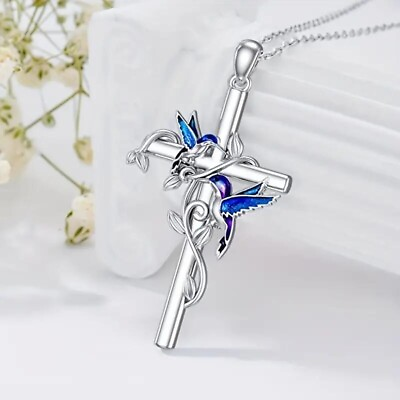 #ad Pendant Necklace Women Fashion Blue Hummingbird Silvery Cross Jewelry Girl Gift $9.98