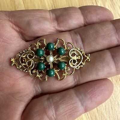 #ad Vintage Deep Green Beaded Brooch Lapel Gold Pin Twisted Wire Costume Jewelry $18.75