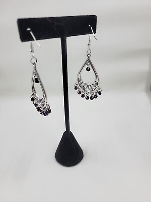 #ad Ladies Silver Teardrop Style Dangle Earrings With Beads $4.50