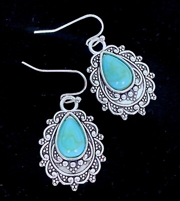 #ad 1 1 4quot;L Southwestern Ornate Teardrop Silver Turquoise Bead Dangle Earrings New $4.99