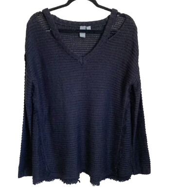 #ad Quinn Sweater Medium Black Bohemian Fringe Oversized Cold Shoulder Waffle Knit $38.51