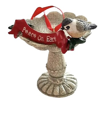 #ad Vtg Bird Bath Christmas Ornament Peace On Earth 3” Black White Ceramic Oriole $15.99
