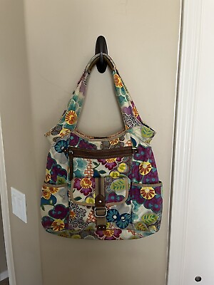 #ad VTG FOSSIL Boho Hippie Hobo Shoulder Bag Canvas Leather Vibrant Florals $28.00