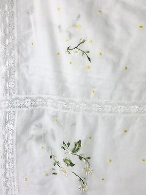#ad VTG 66”x62” Daisies Yellow Dots Embroidery Tablecloth Sheer w Lace Green Edging $49.99