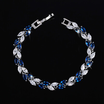 Women Silver Plated Blue Marquise Cubic Zircon Leaf Tennis Bracelet Jewelry Gift $6.63