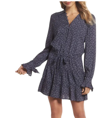 #ad $208 Paige Denisa Flounce Long Sleeve Mini Dress In Navy Size Medium $145.00