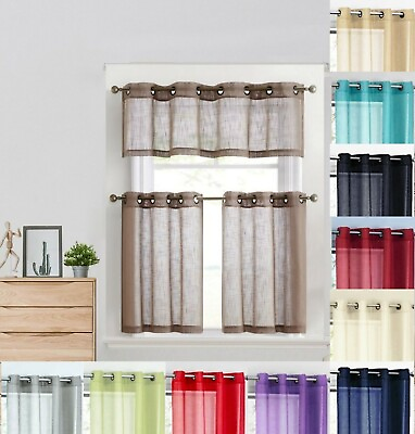 #ad 3PC VOILE SHEER KITCHEN WINDOW CURTAIN GROMMET 2 TIERS AND 1 VALANCE RUBY $11.05