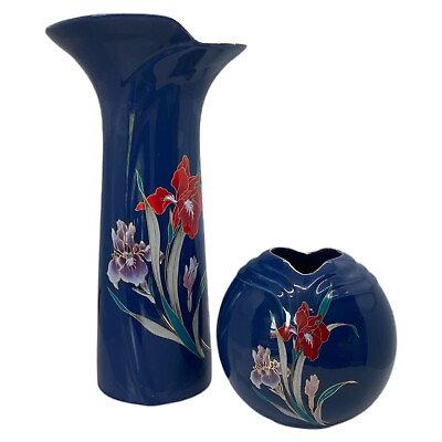 #ad Blue Otagiri Vases Set of 2 1960s Red Purple Iris Gold Trim $27.99