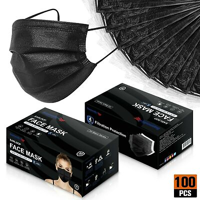 #ad 100 50 PCS Black Protective 3 Layer Face Mask Respirator Disposable Masks BFE98% $14.99