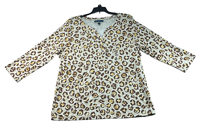 #ad Karen Scott Blouse Womens Plus Size 1X Tan Animal Print V Neck NWOT $14.94