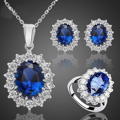 Women Crystal Stone Necklace Brides Earrings Wedding Ring Fashion Jewelry Sets $10.57