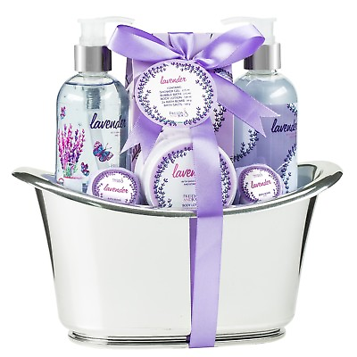 Aromatherapy Lavender Essentials Spa Bath Gift Set for Women in Large Silver Tub $31.99