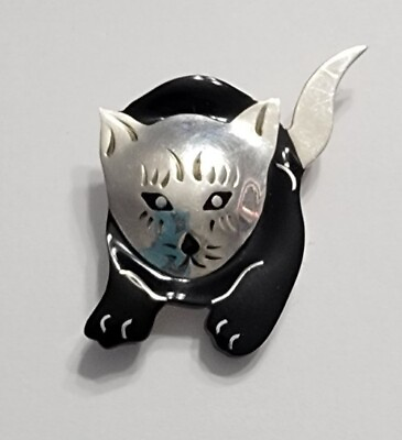 #ad Vintage Sterling Cat HEAVY Black Enamel Brooch Pendant $85.00