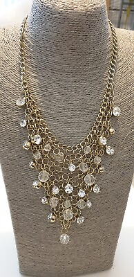 #ad Bijoux terner necklace Short Length Bib Style Gold Tone With Clear Beads GBP 25.00