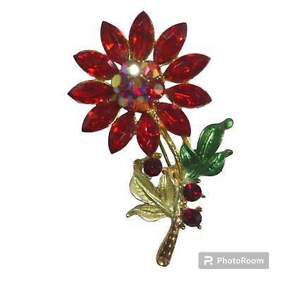#ad Vintage Rhinestone Flower Brooch Gold Tone Pin w ab Light amp; Dark Red $15.00