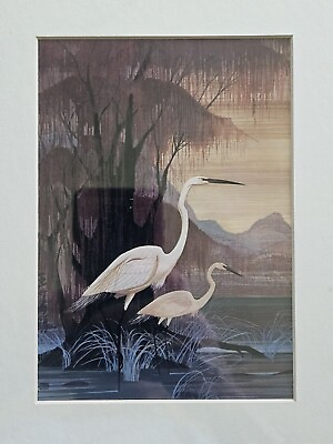 #ad HARRY WYSOCKI HERONS Early Art JAPANESE CRANE APPLIQUE ART PICTURE LITHO $49.00