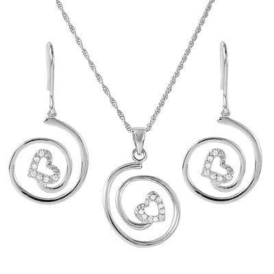 #ad STERLING SILVER SWIRL HEART PENDANT NECKLACE amp; EARRING LAB CREATED DIAMONDS $75.28