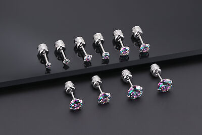 #ad 2Pair Silver Stainless Steel Round CZ Earrings Screw Back Ear Stud for Men Women $7.89