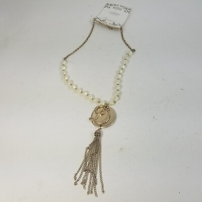 #ad Vintage Gold Tone Faux Pearl Dangle Pendant D Chain Necklace $19.99