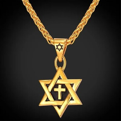 #ad Gold Jewish Star of David with Cross Necklace $12.99