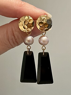 #ad Sophisticated Silver Freshwater Pearl And Black Obsidian Dangling Stud Earrings $14.00