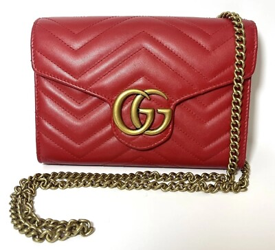 #ad Gucci GG Marmont Chain Wallet Matelasse Leather Mini Red Authentic Made in Italy $708.08