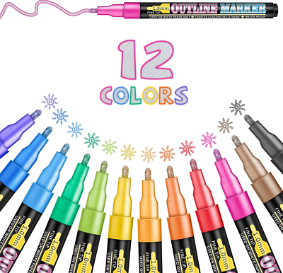 #ad Doodle Dazzle Markers Double Line Outline Pens 12 Colors Self Outline Metallic $14.99