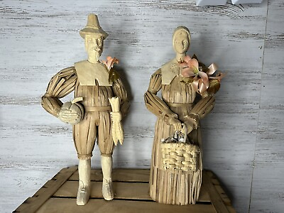 #ad 2 Large Thanksgiving Pilgrim Wood Corn Husk Doll Statues 18 Inches. $99.00