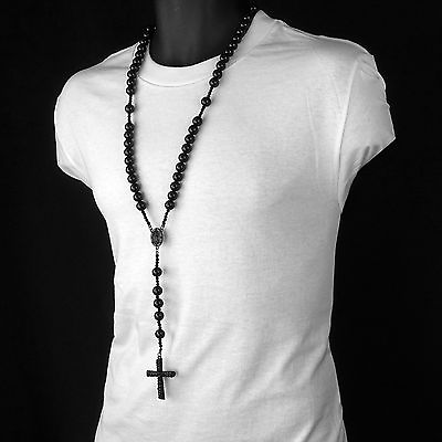 Men#x27;s Hip Hop 15mm MATTE BLACK Beads Guadalupe Rosary amp; Jesus Cross Necklace BK $9.99