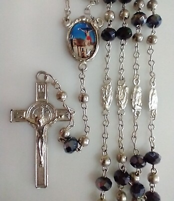 Vintage Catholic Necklace Rosary Iridescent Blue Black Beads $23.99