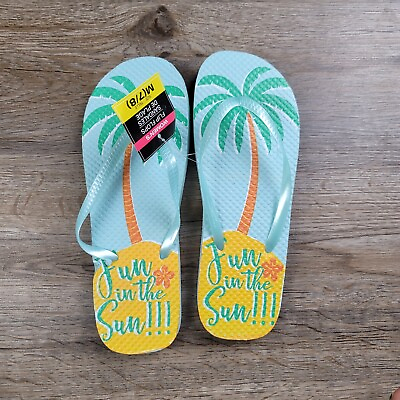 #ad NEW Flip Flops Sandals Blue Yellow Beach Travel Slip Ons Casual Palm Trees Women $6.99