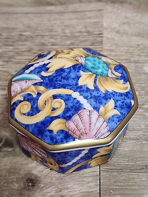 #ad Vintage Blue Otagiri Trinket Box With Pearls Snd Shells $15.00