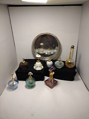 #ad Lot of 8 Vintage Antique Glass Perfume Bottles Empty DESIGNER PLUS SILVER TRAY $75.11