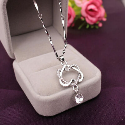 Gorgeous 925 Silver Necklace Pendant Women Cubic Zircon Jewelry Double Heart USA $5.92