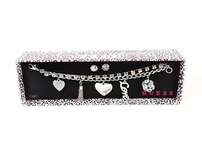 GUESS Womens Rhinestone Heart Love Charm Bracelet Earring Bling Set New NIB $14.96