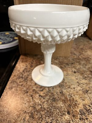 #ad Vintage Indiana Glass White Diamond Point Pedestal Compote 7quot; Perfect $25.00
