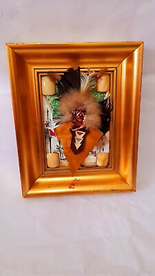 #ad Vintage Art Work Hand craft Tribal Face Doll Fur Hair Leather Clothes Gold Frame $280.00