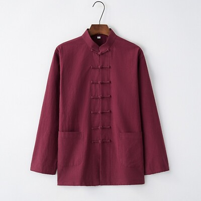 #ad Chinese Style Men Tang Style Jacket Long Sleeve Youth Retro Ethnic Zen Tea Coat $35.09