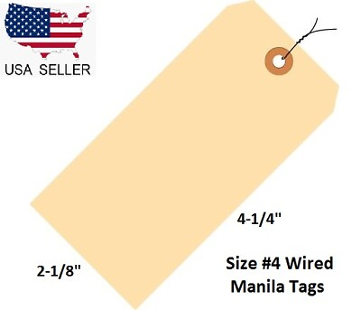 #ad 100 Pack 4 1 4quot; x 2 1 8quot; Size 4 Manila Inventory Pre Wired Hang Tags with Wire $10.38