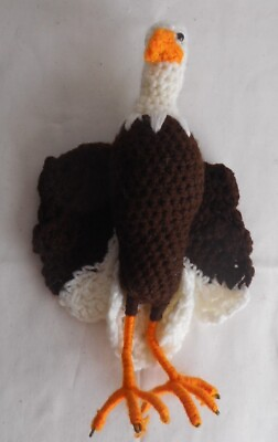 #ad Vintage Crochet Handmade Bald American Eagle Orange Brown White 11quot; H x 6quot; Wide $12.95
