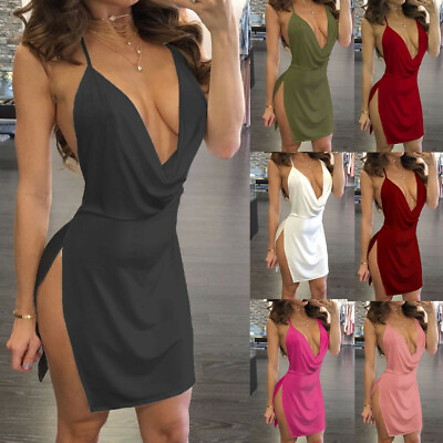#ad Sexy Ladies Womens Deep V Neck Halter Backless Slit Mini Party Club Dress NEW UK $14.41