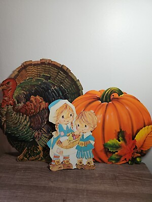 #ad Lot Of 3 Vintage Thanksgiving Wall Decorations Pumpkin Turkey Pilgrims $13.44