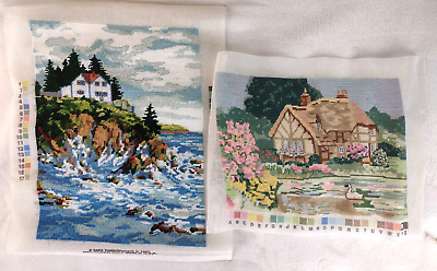 #ad Completed Needlepoint Piece Lot of 2 Scenes Ocean Cottage House $24.95