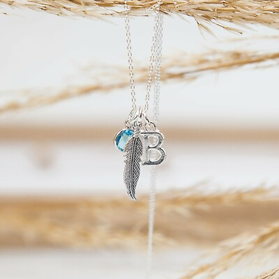 #ad Feather necklace initial and birthstone personalised gifts remembrance gift GBP 11.00