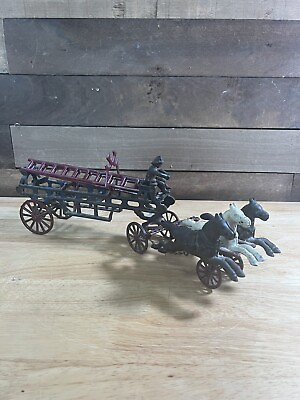#ad Antique Cast Iron Firefighter 3 Horse Drawn Carriage $189.99