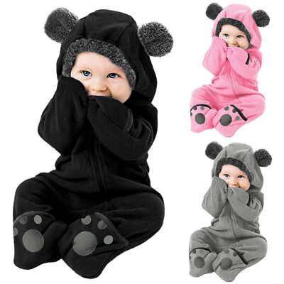#ad Winter Newborn Baby Boys girls Fleece Jumpsuit Hooded Romper Warm Coat Outwear $17.09
