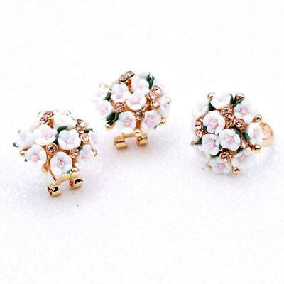 #ad Women Ceramic Flower Earring Adjustable Floral Ring Lady Rhinestone Jewelry Sets $21.02